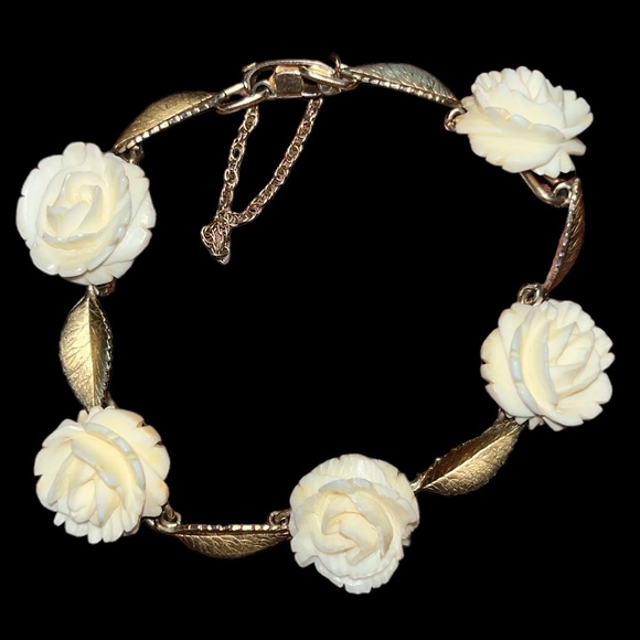 Krementz Jewelry - “Krementz” 50’s Vtg rose Carved Celluloid bracelet 16k gf